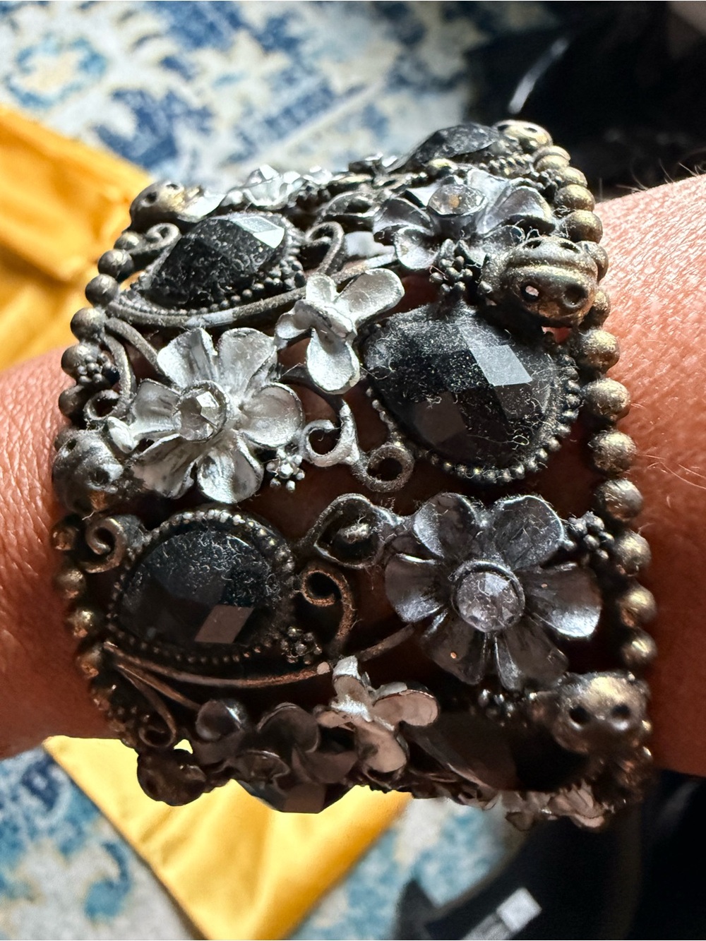 Vintage-Style Black Floral Filigree Cuff Bracelet